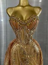Women Sexy Strapless Mesh Crystal Maxi Dress See Through Party Singer Maxi Dress Stage Performance Costume