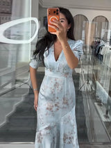 Elegant Floral Printed Satin Dress Pleated V-Neck Short Puff Sleeve Bodycon Dresses 2026 Spring Women Vintage Vacation Chic Gown
