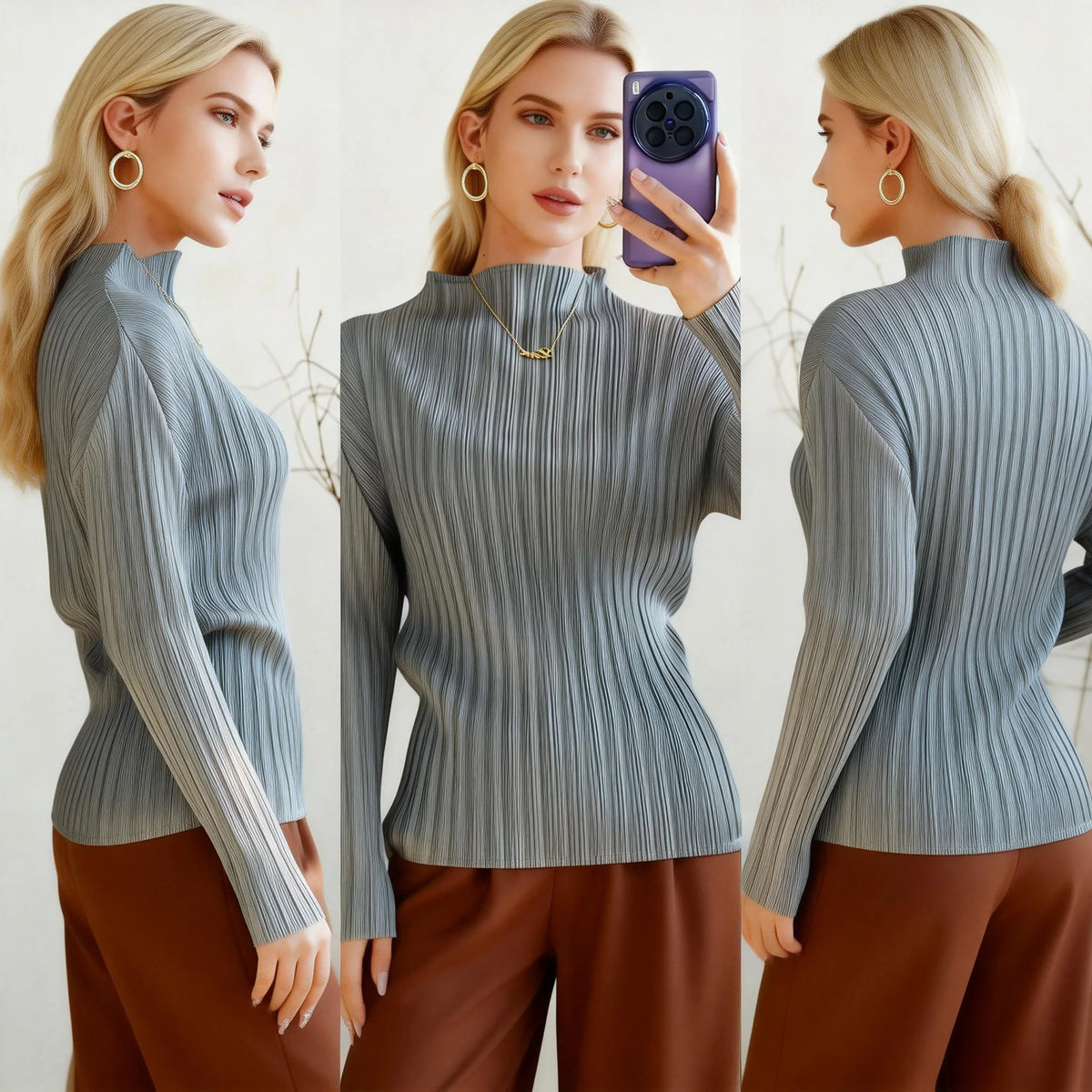 Miyake Style Simple Solid Color Bottoming T-Shirt Women's Long Sleeve High Elasticity Slim Fit Versatile Solid Color Pleated Top