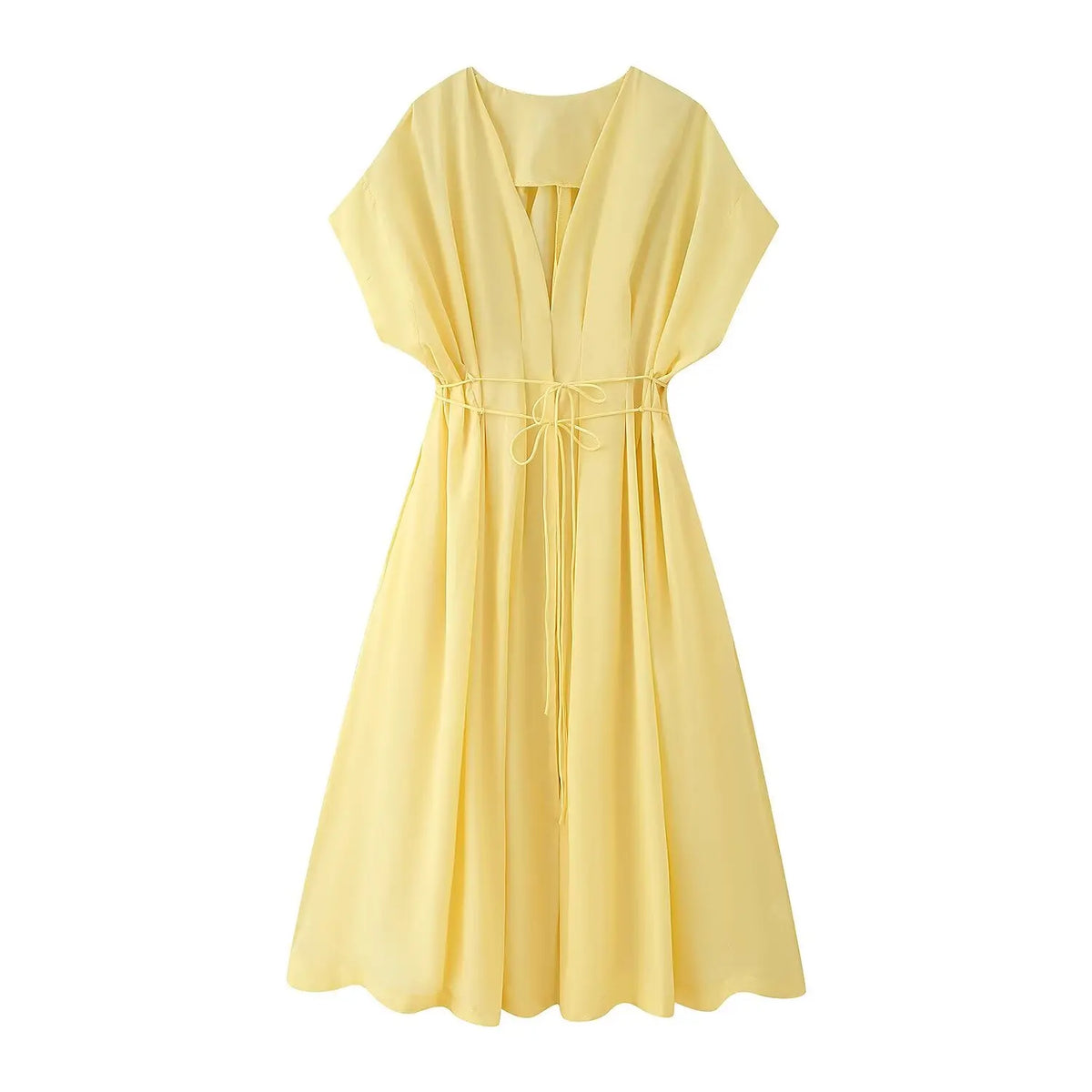 HH Female Summer Elegant Long Dress Solid V-Neck Short Sleeve Bow Lace-Up Single-Breasted Women's Fashion Casual Dress