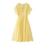 HH Female Summer Elegant Long Dress Solid V-Neck Short Sleeve Bow Lace-Up Single-Breasted Women's Fashion Casual Dress