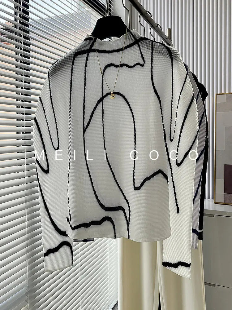 Miyake Pleated T-Shirt 2026 Spring Niche Design Personality Versatile Long Sleeve Pleats Print Top High Neck Slim Fit T-Shirt