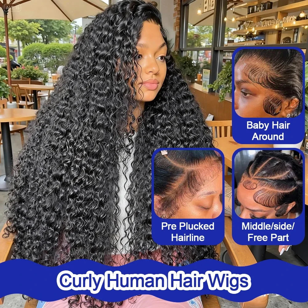 Curly ≥98% Human Hair Wigs 200% Real Density Water Deep Wave 13x6 13x4 HD Lace Front 360 Transparent Lace Frontal Wigs For Women 30 40 Inch Pre Plucked Lace Wigs Local Warehouse In The Us Ships Within Brazilian