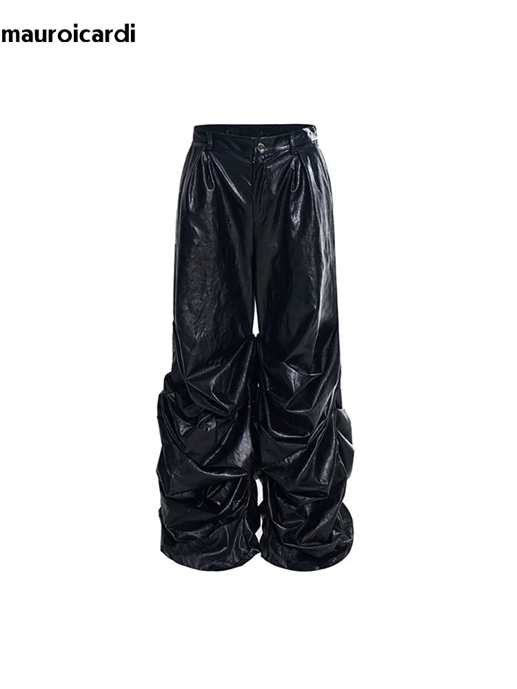 Mauroicardi Spring Autumn Cool Long Baggy Black Soft Pu Leather Wide Leg Stacked Pants Men Mens Designer Clothes Streetwear 2025