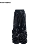 Mauroicardi Spring Autumn Cool Long Baggy Black Soft Pu Leather Wide Leg Stacked Pants Men Mens Designer Clothes Streetwear 2025