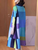 LANMREM Patchwork Color Pleated Dress Women Fashion tide 2025 New Lapel Single Breasted Long Sleeve Casual Loose Dresses 2DE683