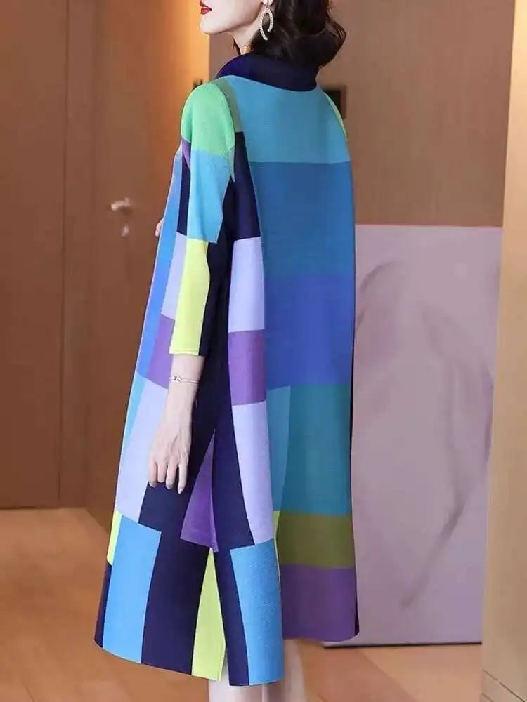 LANMREM Patchwork Color Pleated Dress Women Fashion tide 2025 New Lapel Single Breasted Long Sleeve Casual Loose Dresses 2DE683