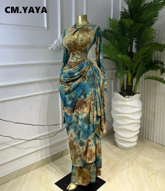 CM.YAYA Women Tie Dye Print O-neck Ruched Ribbon Long Dress 2026 Fall Street Evening Birthday Beach Party Vestidos Sexy Dresses