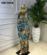 CM.YAYA Women Tie Dye Print O-neck Ruched Ribbon Long Dress 2026 Fall Street Evening Birthday Beach Party Vestidos Sexy Dresses