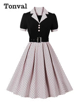 Tonval Black and Polka Dot Vintage Pleated Dresses Notched Collar 2025 Elegant Summer Women Short Sleeve Belted 50s Retro Dress