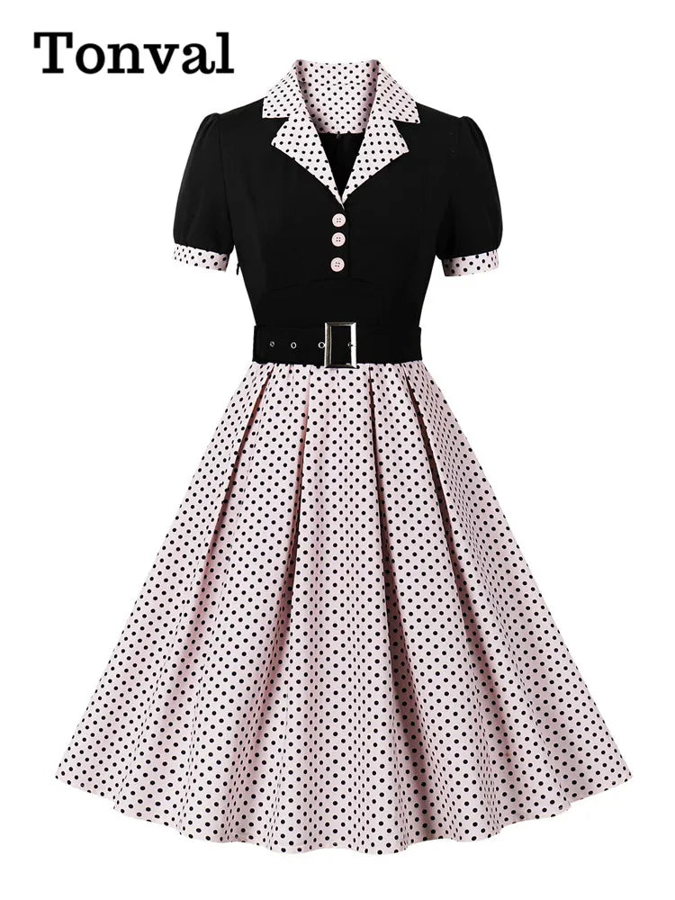 Tonval Black and Polka Dot Vintage Pleated Dresses Notched Collar 2025 Elegant Summer Women Short Sleeve Belted 50s Retro Dress