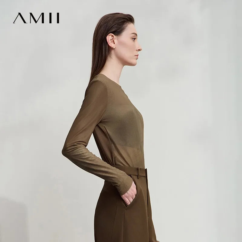 AMII Minimalist Women's Long Sleeve T-Shirt for Woman 2025 Autumn Round Neck Abstract Print Mesh Tees Casual Slim Tops 12513002
