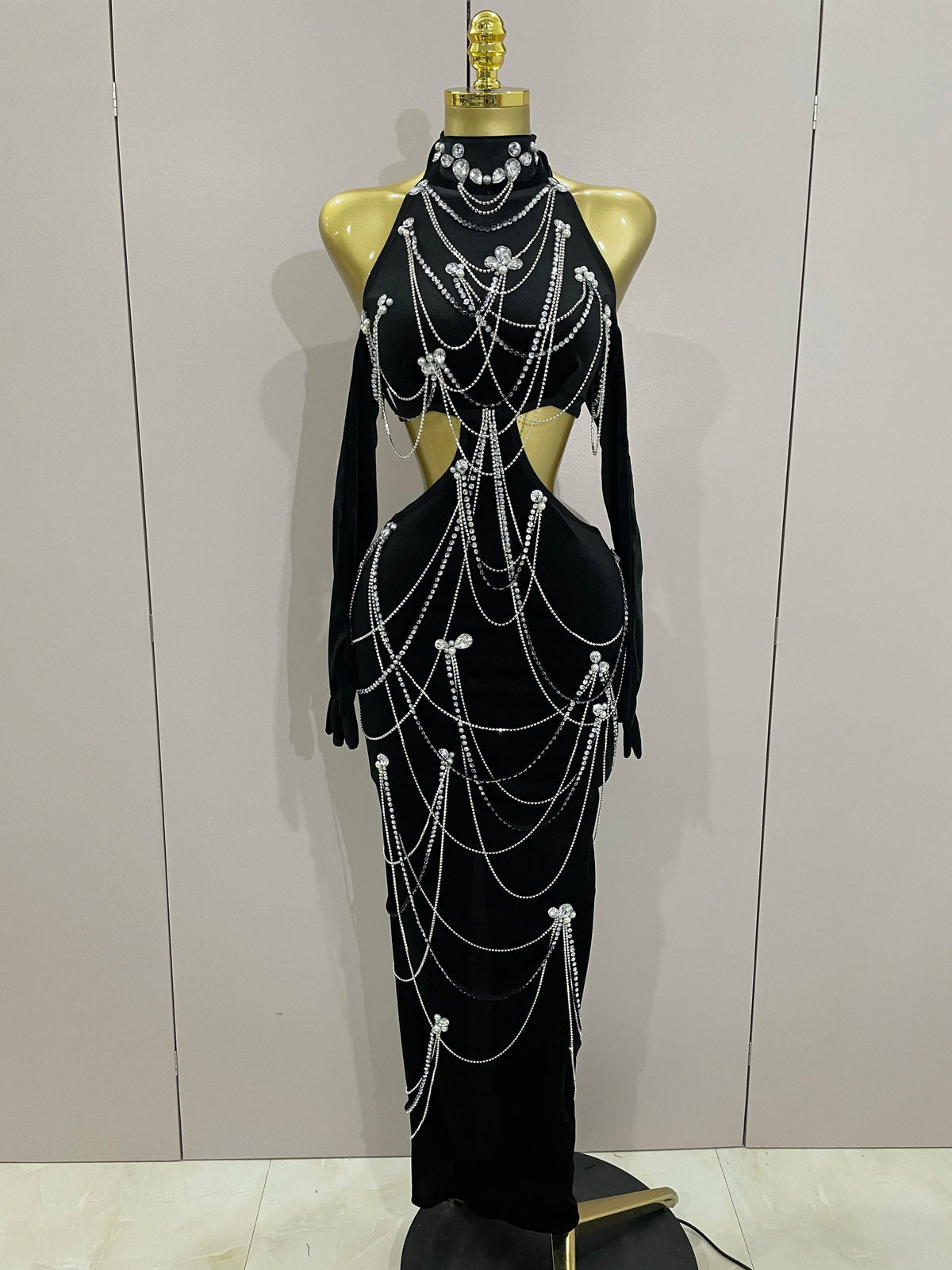 2025 Women Sparkly Diamonds Tassels Chain Balck Sexy Halter Backless Long Dress Evening Birthday Party Celebrate Stage Costume