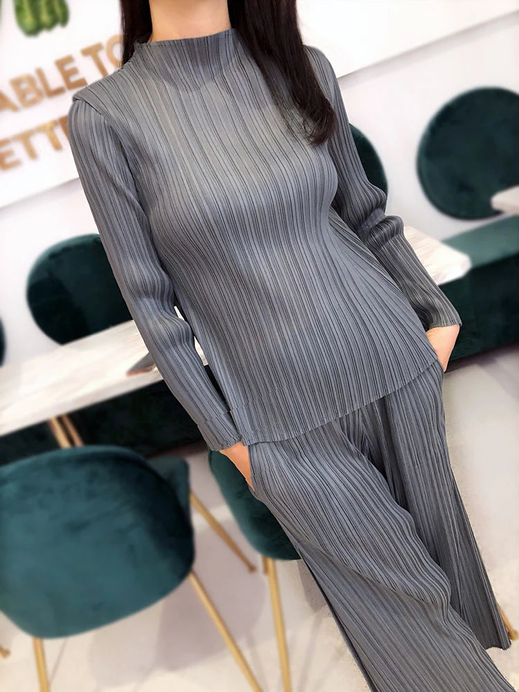 Miyake Pleated Classic Long Sleeved Tops Women Spring Autumn Elegant Causal T-shirt
