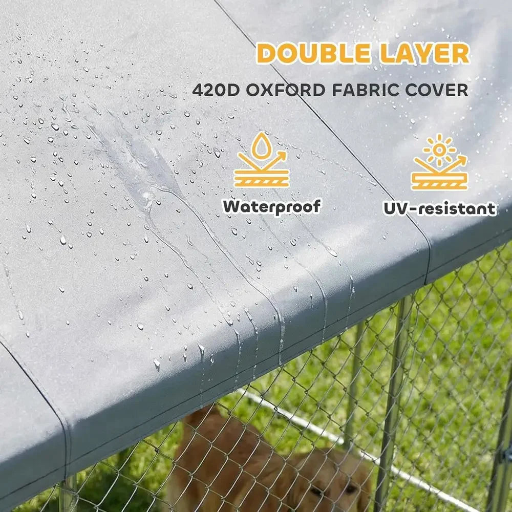 Outdoor Dog Kennel, 19.7' x 19.7' x 8.9', Heavy Duty Large Dog Kennel Outside w/Waterproo Roo, Galvanized Chain Link Pet Enclosu