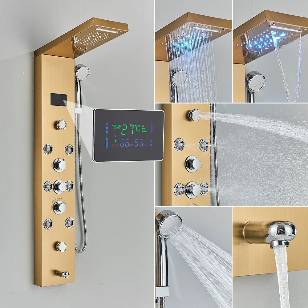 Golden Black Shower Panel Wall Rain Waterfall Shower Faucet Bathroom Shower Set APS Body Spray Jets Plastic Handshower Head