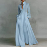 Bohemian Stand Collar Button Maxi Shirt Dress Woman Elegant High Waist Solid Party Dress Spring Long Sleeve Loose Casual Dresses