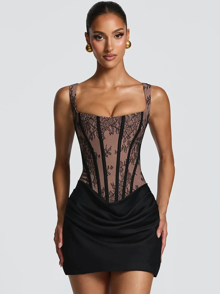 Mozision Lace Corset Mini Dress Women Square Neck Wide Strap Ruched Satin Bodycon Short Dress Club Party Cocktail Vestidos