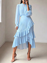 LGRQ 2026 Summer New Solid Color High Waist Dress With Ruffled Hem And Pleats Mid-Length Party Evening Gown