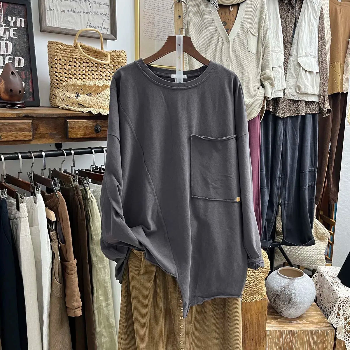 Autumn Women T shirt o neck Long Sleeve Solid Color Irregular Basic Tops Pockets Loose Casual Lady Blouse Female YoYiKamomo