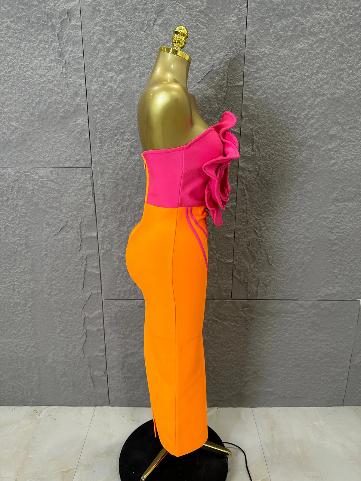 Elegant Orange Pink Strapless Bodycon Midi Dress Women Sexy 3D Floral Applique Outfit Date Night Party Costume
