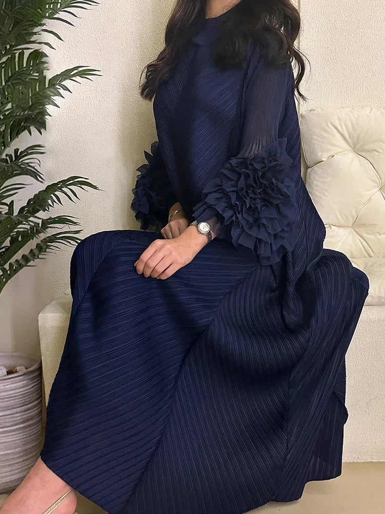 YUDX Luxury Purple Miyake Pleated High Neck Maxi Evening Dress, Ruffle Sleeve Women's Wedding Guest Ramadan Party Dress 2026 New