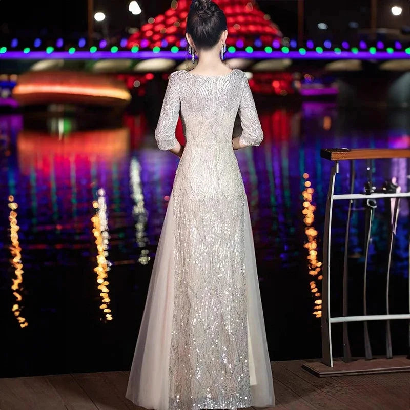 Evening Gown High-end Banquet Niche Light Luxury Host Steel Companion Conductor Choir Performance Costume Women's Long Dress WLF