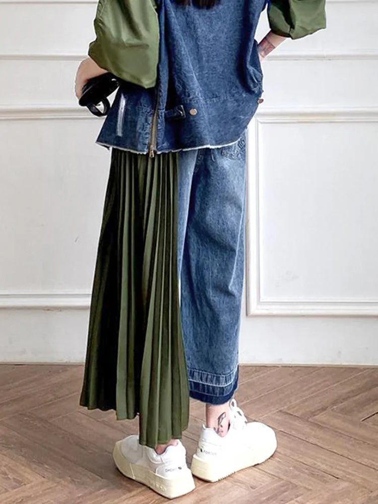 [EAM] High Waist Army Green Denim Pleated Long Wide Leg Jeans New Loose Women Trousers Fashion Tide Spring Autumn 2026 1DF7325