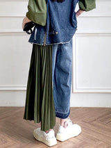 [EAM] High Waist Army Green Denim Pleated Long Wide Leg Jeans New Loose Women Trousers Fashion Tide Spring Autumn 2026 1DF7325