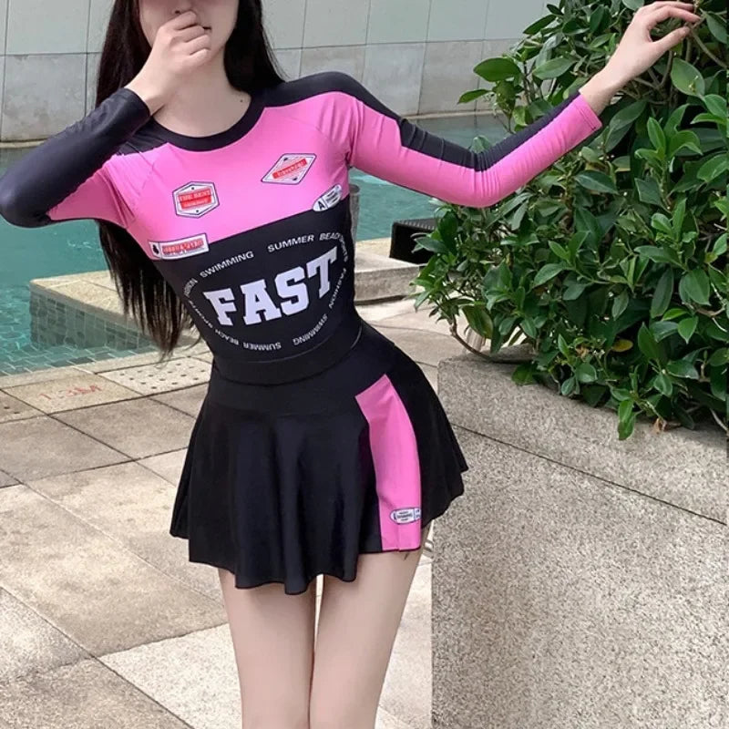 Racing Style Swimsuit Sexy Short Skirt Sweet Cool Spicy Girl Long Sleeved Conservative Belly Covering Surfing Vacation Swimwear
