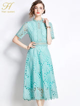 H Han Queen Spring New Elegant Casual Work Party Dresses Floral Crochet Hollow Out Lace Patchwork Casual Office Midi Dress