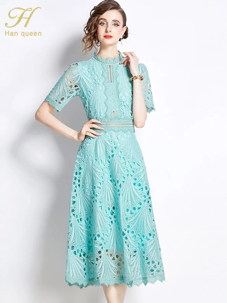 H Han Queen Spring New Elegant Casual Work Party Dresses Floral Crochet Hollow Out Lace Patchwork Casual Office Midi Dress