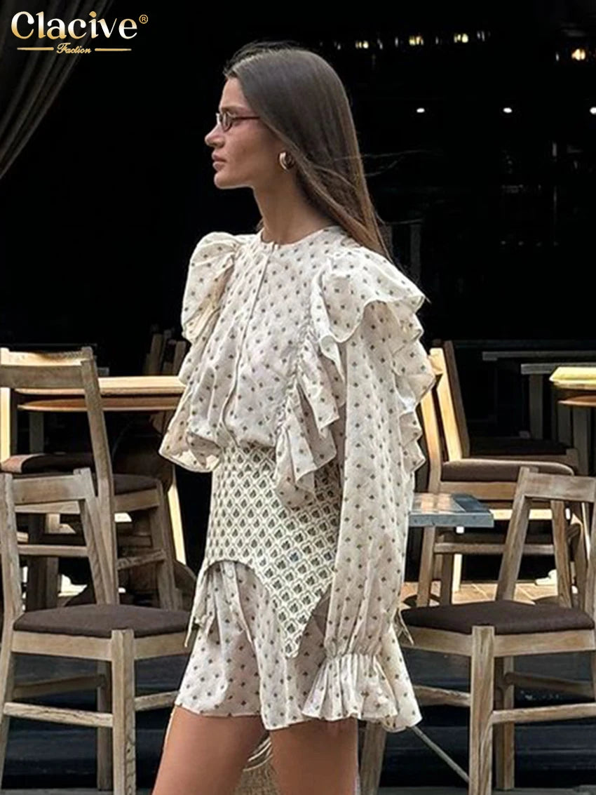 Clacive Fashion Loose Print Women's Dress 2025 Casual O-Neck Long Sleeve Mini Dresses Elegant Classic Ruffle Girdle Female Dress