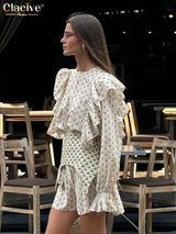 Clacive Fashion Loose Print Women's Dress 2025 Casual O-Neck Long Sleeve Mini Dresses Elegant Classic Ruffle Girdle Female Dress