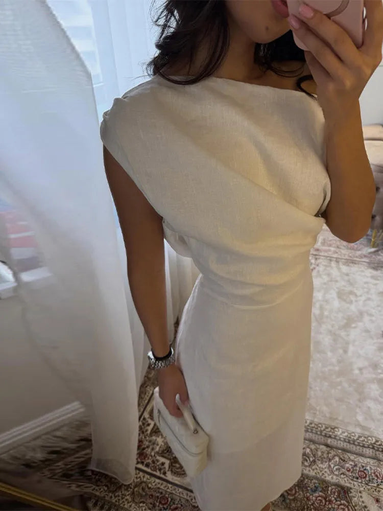 Off-shoulder Linen Maxi Dresses Women's Slim Waist-cinching Hip-wrap Ankle-length Dress 2026 New Ladies Summer Solid Outwear