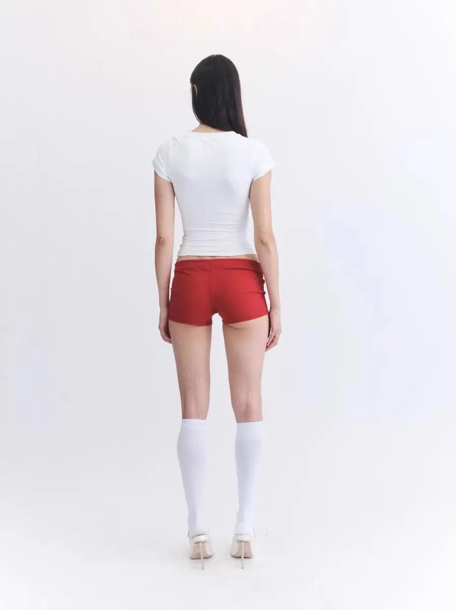 Raga Malak White V-neck Tight Fitting T-shirt with Red Logo Print, Elastic Slim Fit and Slimming Short Top