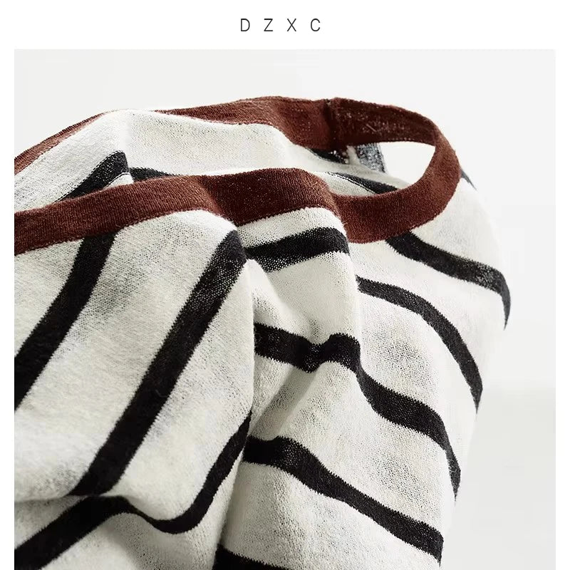 Classic Stripes~Linen Blend Long-Sleeved T-Shirt, Contrasting Color Casual Top, Lightweight Pullover for Women, New Style for Spring/Summer 2026