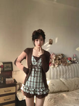 Vintage Dresses 3Piece Set Y2k 2000s Woman Clothes Hot Sweet Harajuku Coat+Plaid Top+Mini Skirt Kawaii Japanese Sexy Summer Chic