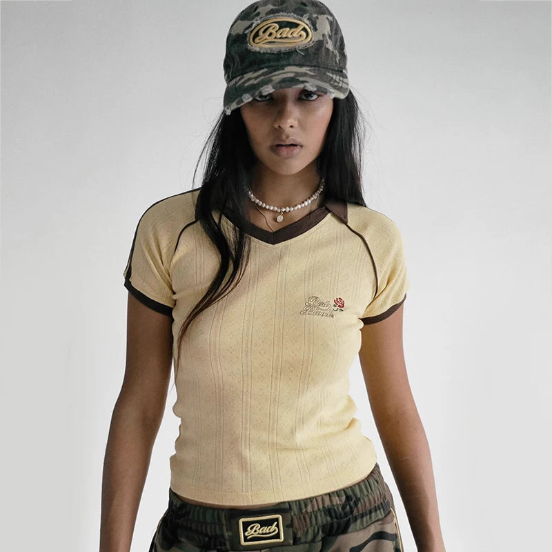 MARIA collar contrasting short sleeved T-shirt for women, sporty style polo collar, American retro top, women's summer