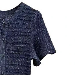Women Diamond Embellished Sparkling Knitted Dress Hollow Out Elegant Female O-Neck Navy Blue Single Breasted Knit Midi Robe