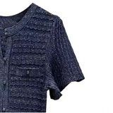Women Diamond Embellished Sparkling Knitted Dress Hollow Out Elegant Female O-Neck Navy Blue Single Breasted Knit Midi Robe