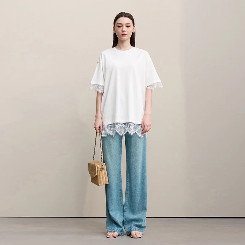 Amii Women's T-Shirt 2026 Summer Round Neck Drop Shoulder Cotton Tee Lace Patchwork Loose Side Slit Top For Women 12652004