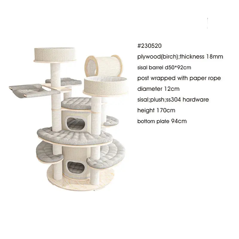 1.7m Extra Large Multi-Level Luxury Wooden Cat Tower E0 Plywood Cat Condo with Paper Rope Scratching Post for Multiple Cats