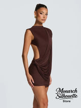 Chic Sleeveless Pleated Slim Mini Dress Women Sexy Solid Backless Hollow Out Round Collar Dresses Lady Evening Party Vestidos