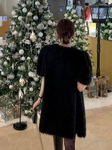 Chic Autumn Winter Short Sleeve V Neck Fluffy Casual Color Dress Women's Loose Fit City Walk a Line Skirt Korean Style