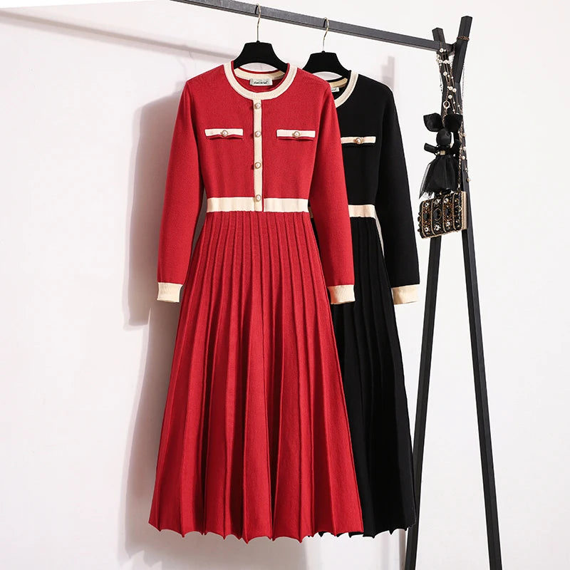 2026 New Autumn Winter Women O-neck Long Sleeve Knitted Pleated A-line Dress Christmas Party Red Sweater Long Dresses