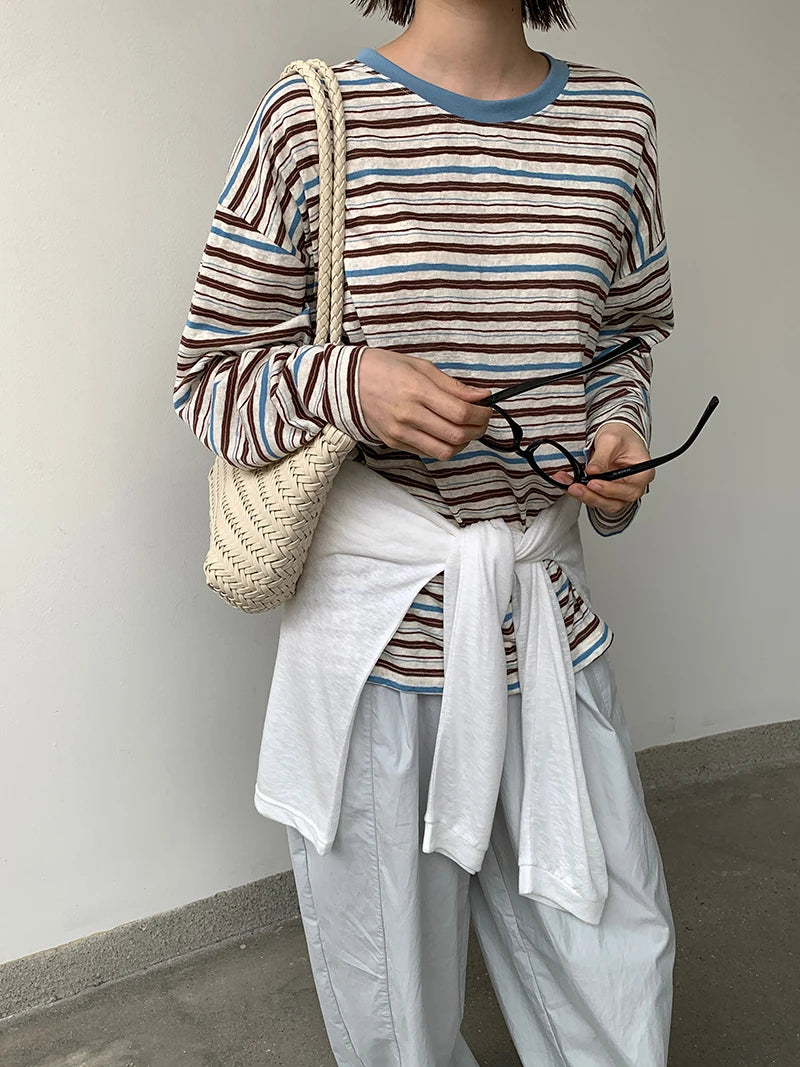 Spring and Summer Women's Casual Contrasting Color Round Neck Long Sleeved Striped Sunscreen T-Shirt