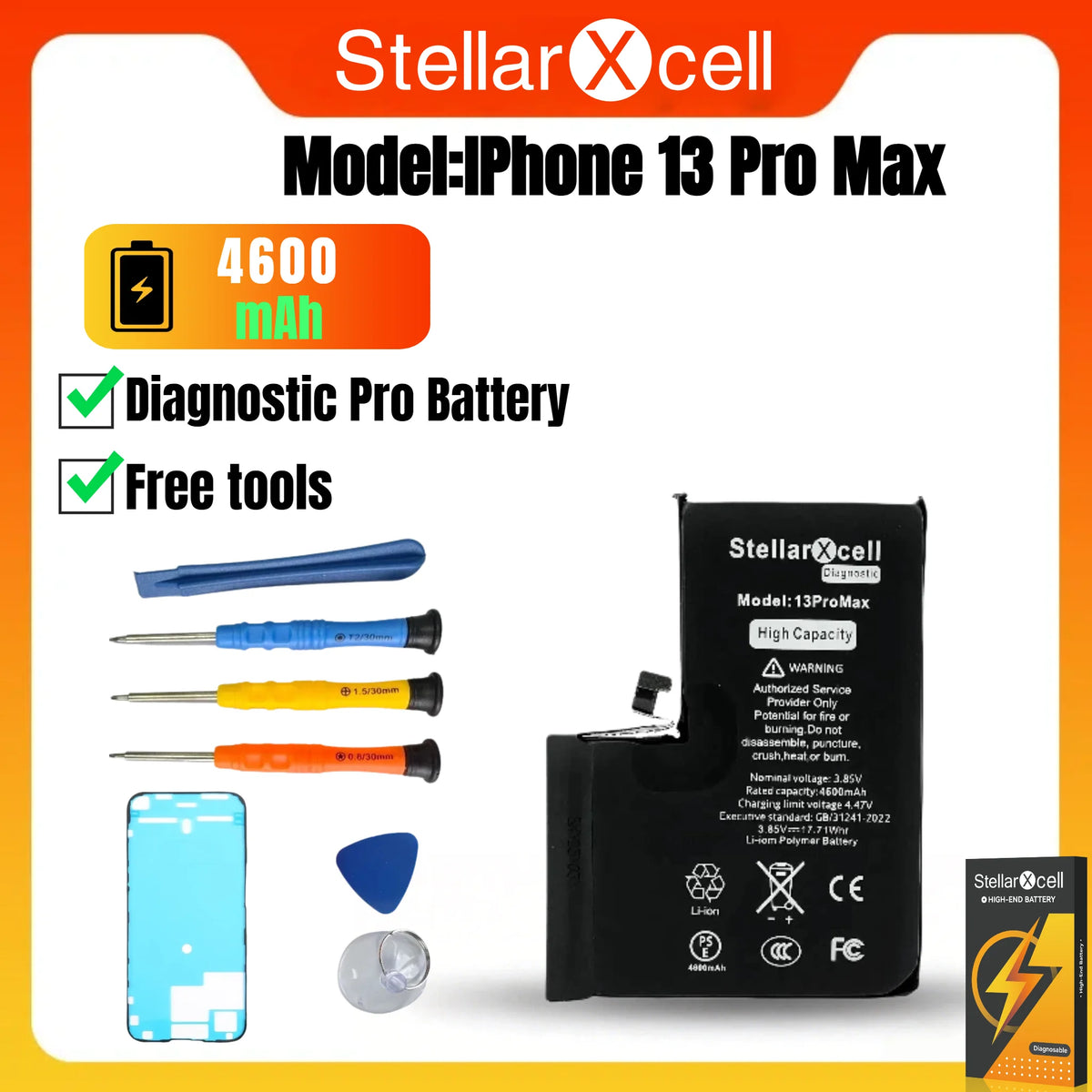 StellarXcell Diagnostic Battery No Unknown Parts No Pop Up Message for iPhone 12mini 13Pro Max 14Plus 15Pro Max With Free Tools