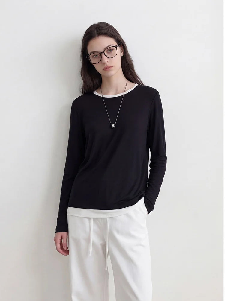 Women Fake Two-Piece T-shirt Spring Summer 6%Silk Round Neck Long Sleeve Basic T-Shirts Tops