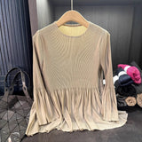 Pleated Long Sleeve T-Shirt Simple Casual Solid Color Versatile Patchwork Stretch Top Women Lightweight Stretch Clothing